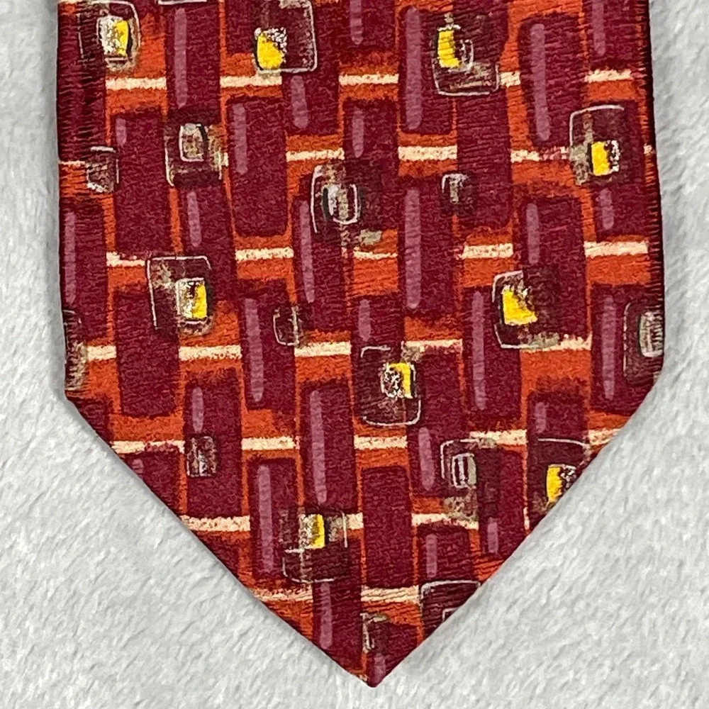 Hugo Boss Mens Silk Tie Burgundy Orange Geometric Abstract Made in Italy 59x3.75